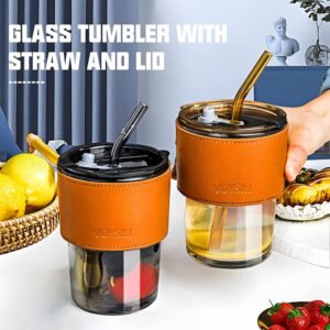 Leather Grip Glass Tumbler with Glass Straw and Lid (Random Color)