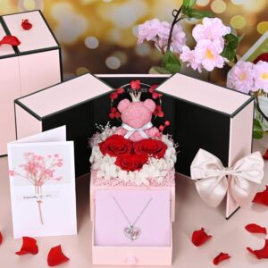 Preserved Flowers Rose Bear Valentine Gift Box (Pink)