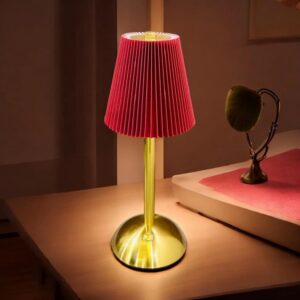 Elegant Gold Table Lamp with Pleated Red Shade Design